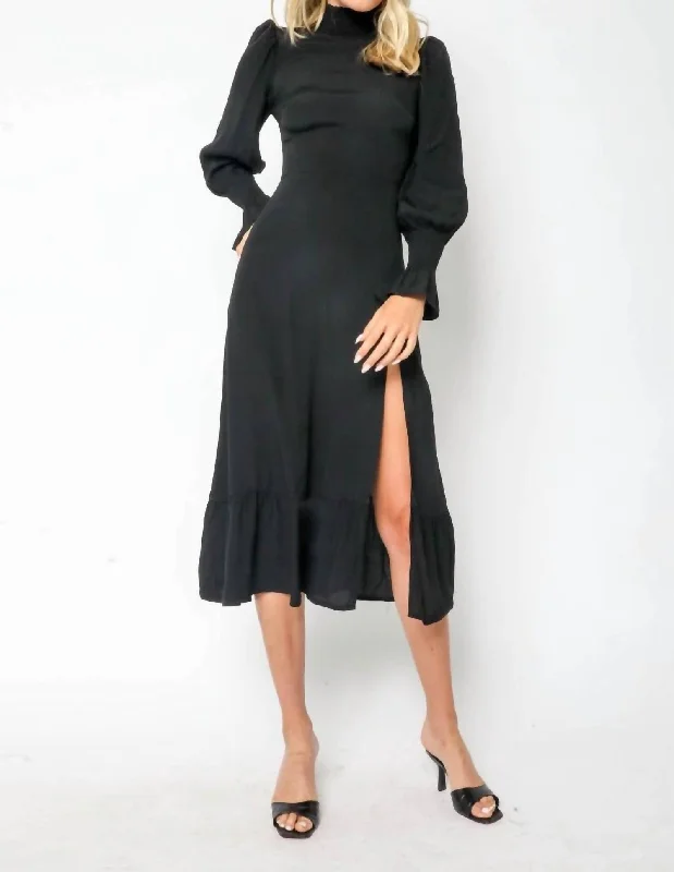 Mock Neck Midi Dress In Black