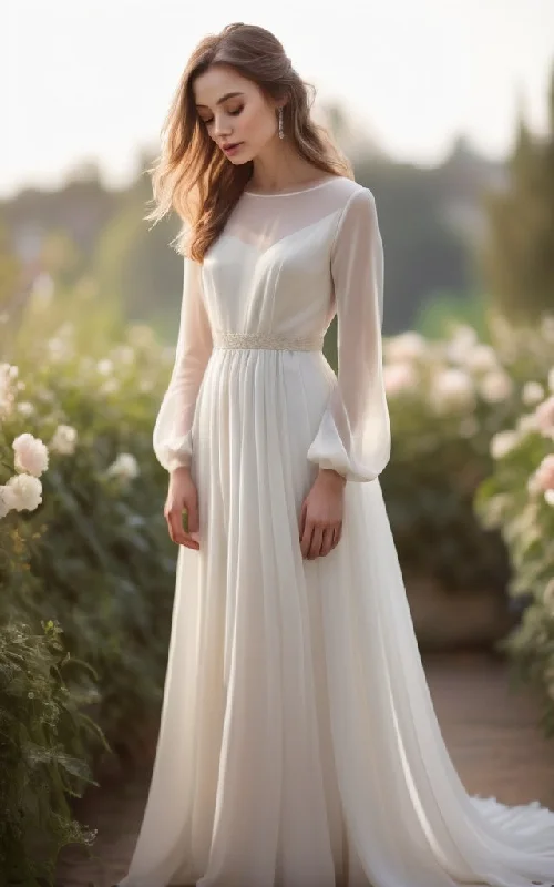 Elegant Long Sleeve Illusion A Line Chiffon Wedding Dress with Lace Belt