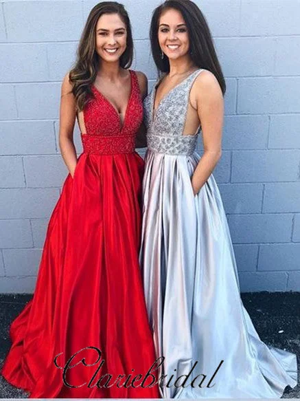 V-neck Beaded A-line Satin Prom Dresses, Elegant Prom Dresses, Prom Dresses