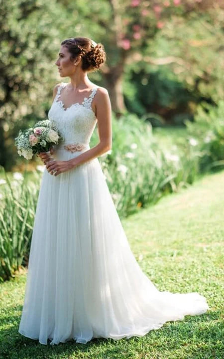 Casual A-line Pleated Chiffon Wedding Dress with Lace Top