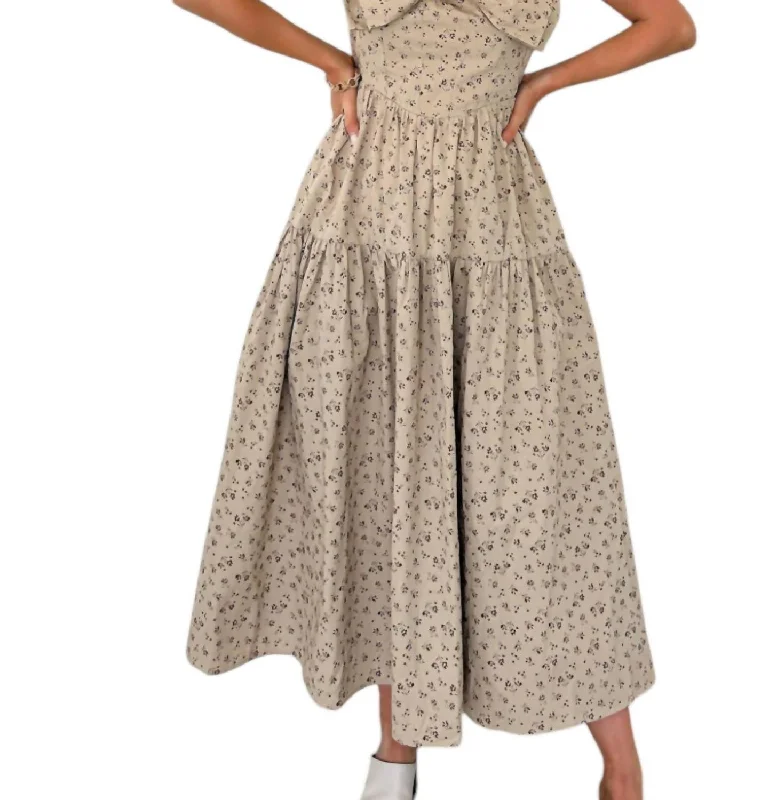 Better This Way Floral Bow Midi Dress In Beige