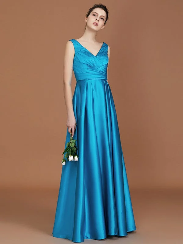 A-Line/Princess V-neck Sleeveless Floor-Length Ruffles Satin Bridesmaid Dress