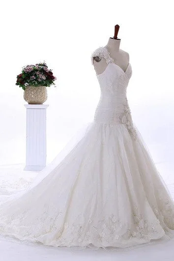 Floor-Length One-Shoulder Sweetheart Sleeveless Dropped Beading Flower Cathedral Train Corset Back Lace Organza Dress