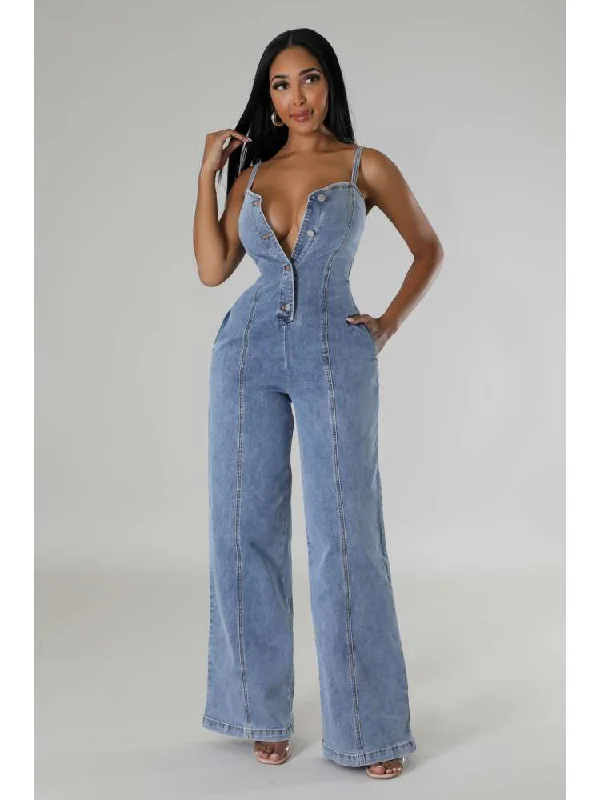 Sleeveless Denim Buckle Wide Leg Jumpsuits