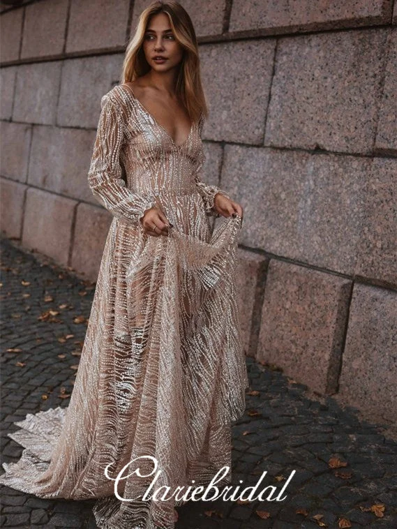 V-neck Long A-line Shiny Sequin Prom Dresses, Long Sleeves Prom Dresses, Shiny Prom Dresses