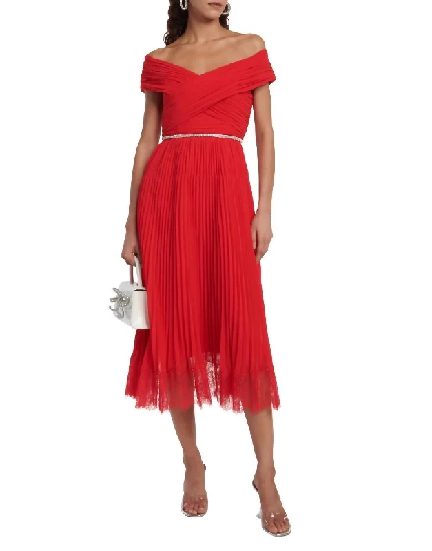 Chiffon Off Shoulder Midi Dress In Red