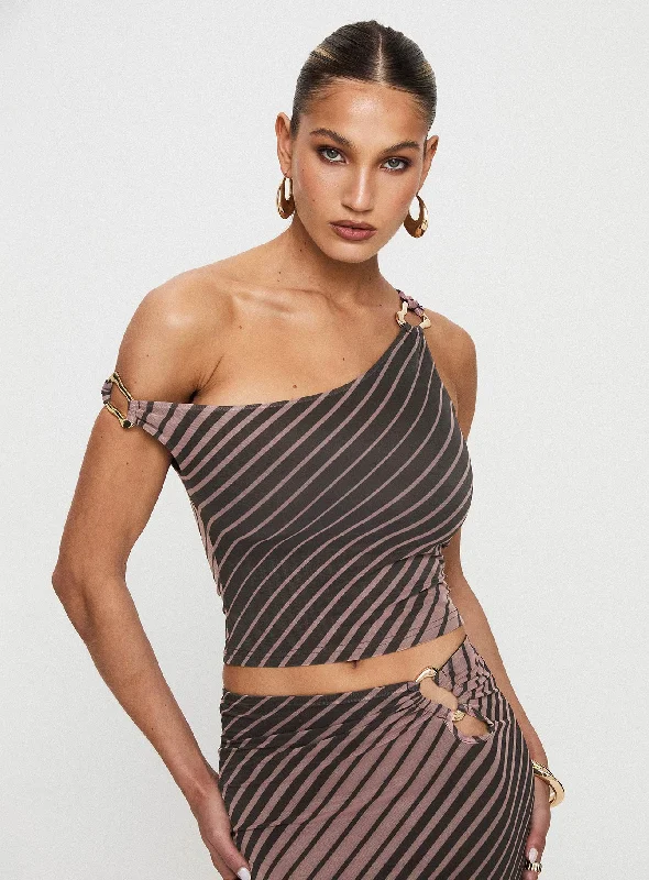 Rios One Shoulder Top Brown Stripe